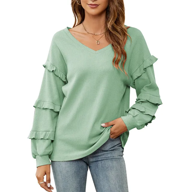 Women's Top Autumn And Winter New Women's Waffle V neck Flounce Top Green - Shop at LoveMi