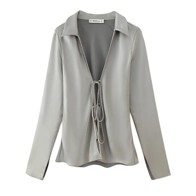 Winter New Women's Clothing Style Fashion Bowknot Silk Satin Textured Shirt Gray - Shop at LoveMi