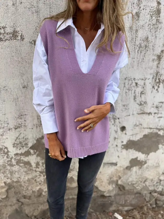 Women's V neck Knitted Sweater Vest Purple - Shop at LoveMi