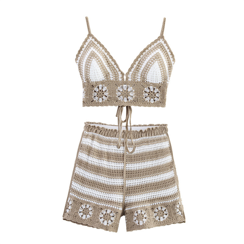 Seaside Vacation Beach Suit Women's Summer New Sexy Hollow Knitted Halter Top High Waist Shorts Suit - Shop at LoveMi