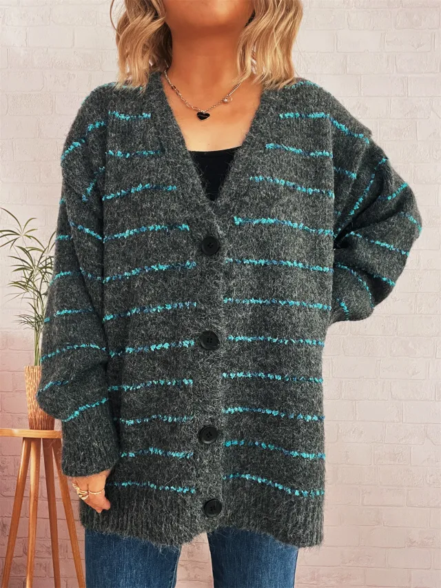Retro Loose Striped Contrast Color Single breasted Long Knitted Cardigan Sweater Gray - Shop at LoveMi