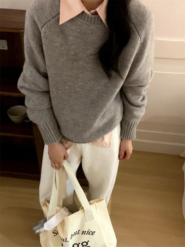 Solid Color Pullover Design Women's Knitted Top Gray - Shop at LoveMi