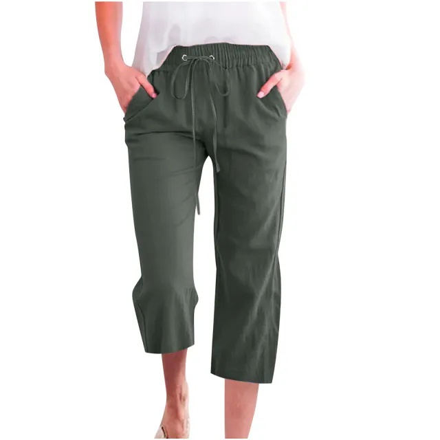 Women's Solid Color Drawstring Cotton And Linen Casual Loose Straight Pocket Home Cropped Pants Army Green - Shop at LoveMi