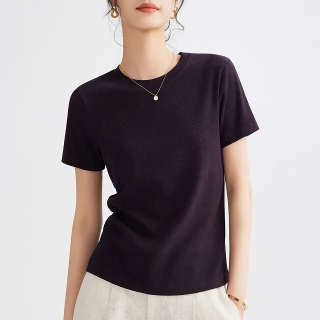 Women's Round Neck Pure Color All matching Heavy Bamboo Snowflake Cotton T shirt Purple - Shop at LoveMi