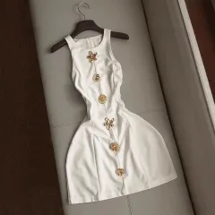 Womens Summer Solid-Colour Slim-Fit Mini Dress With A Crew Neck - White - View 1
