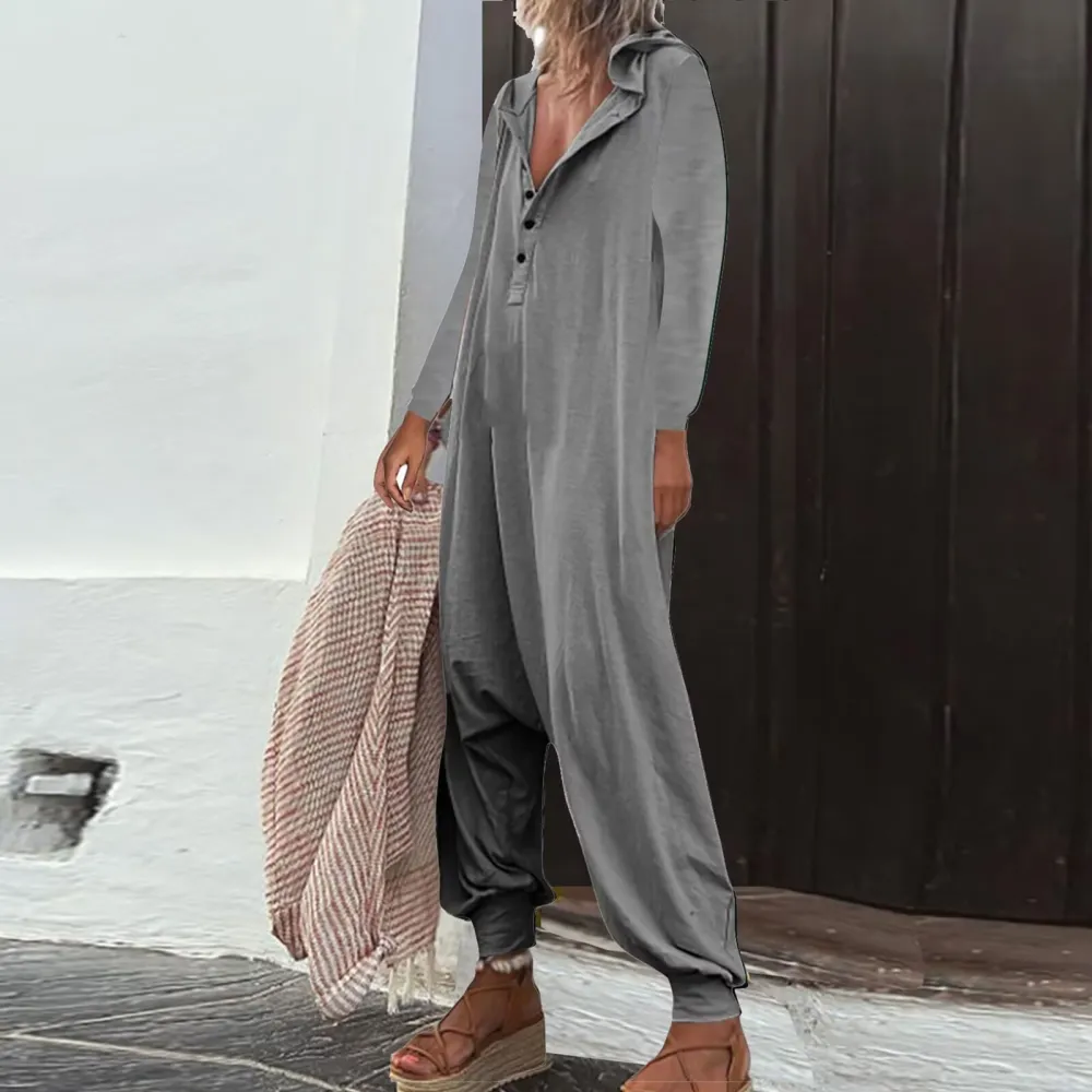 Hooded Side Pocket Long Sleeve Trousers Jumpsuit Baggy Pants