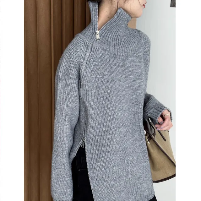 Women's Zip Turtleneck Sweater Fashionable Loose Sweater Gray - Shop at LoveMi