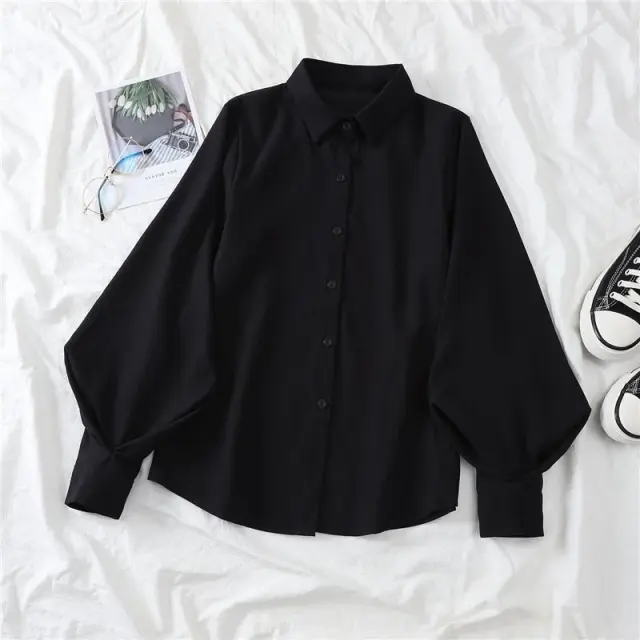 Lantern Sleeve Shirt Design Sense Niche Loose Long Sleeve Lapel Top Black - Shop at LoveMi