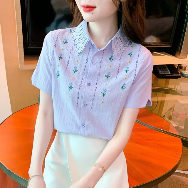 Western Style Cotton Embroidered Short sleeved Purple Top Purple - Shop at LoveMi