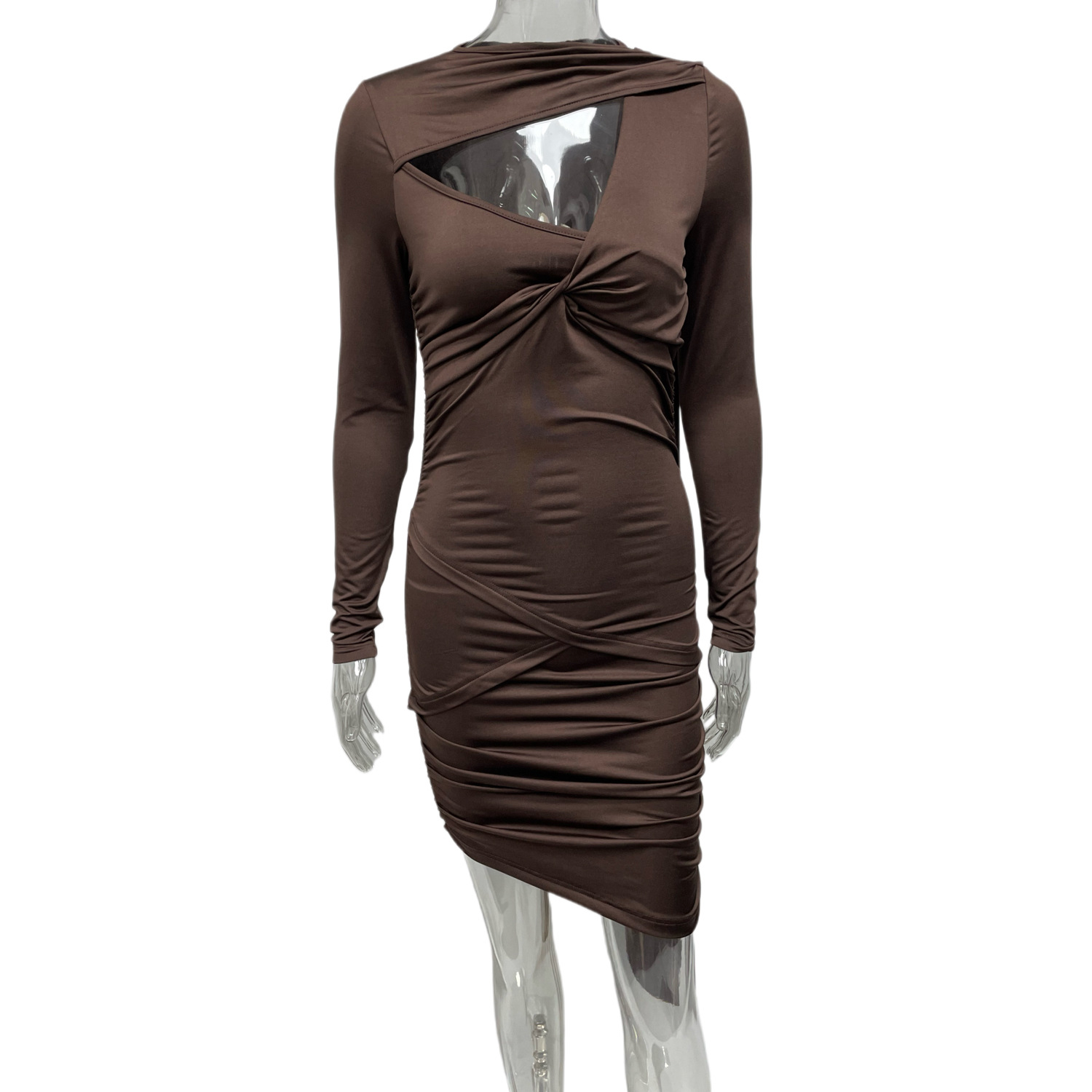 New Autumn Long Sleeve Asymmetrical Bodycon Dress Brown - Shop at LoveMi