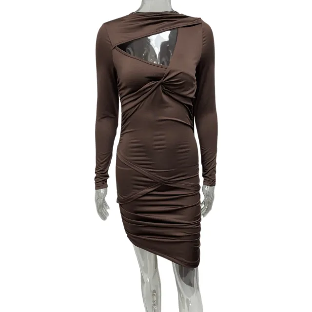 New Autumn Long Sleeve Asymmetrical Bodycon Dress Brown - Shop at LoveMi