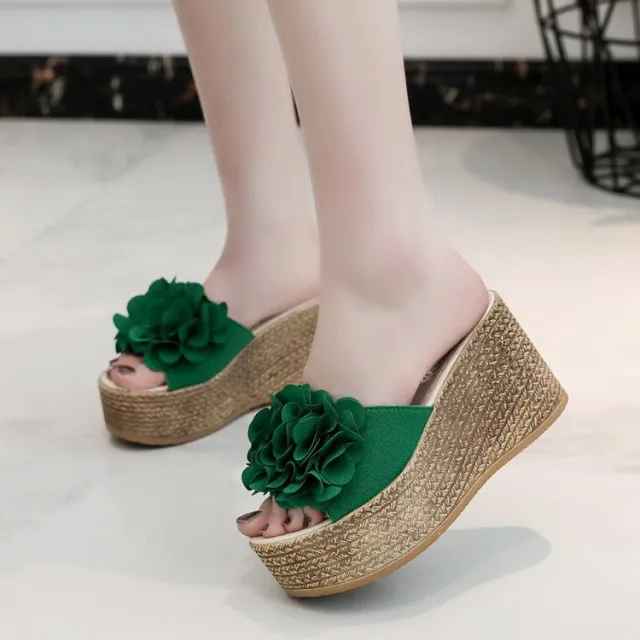 Fashion Summer Flower Outer Wear Thick Bottom Korean Style One line Wedge Slippers Green - Shop at LoveMi