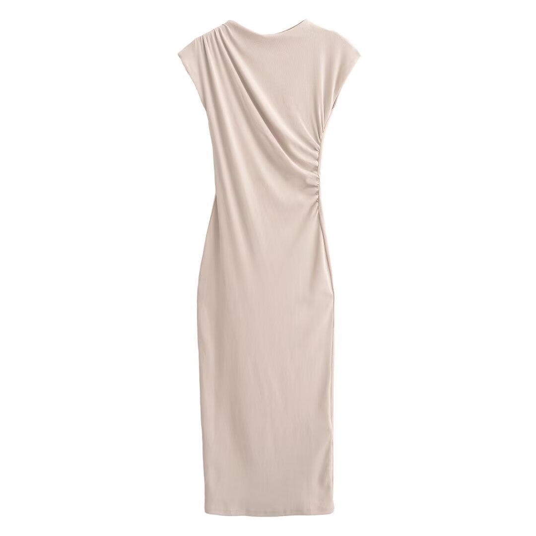 Spring And Summer New Round Neck Short Sleeve Pleated Dress Women Beige - Shop at LoveMi