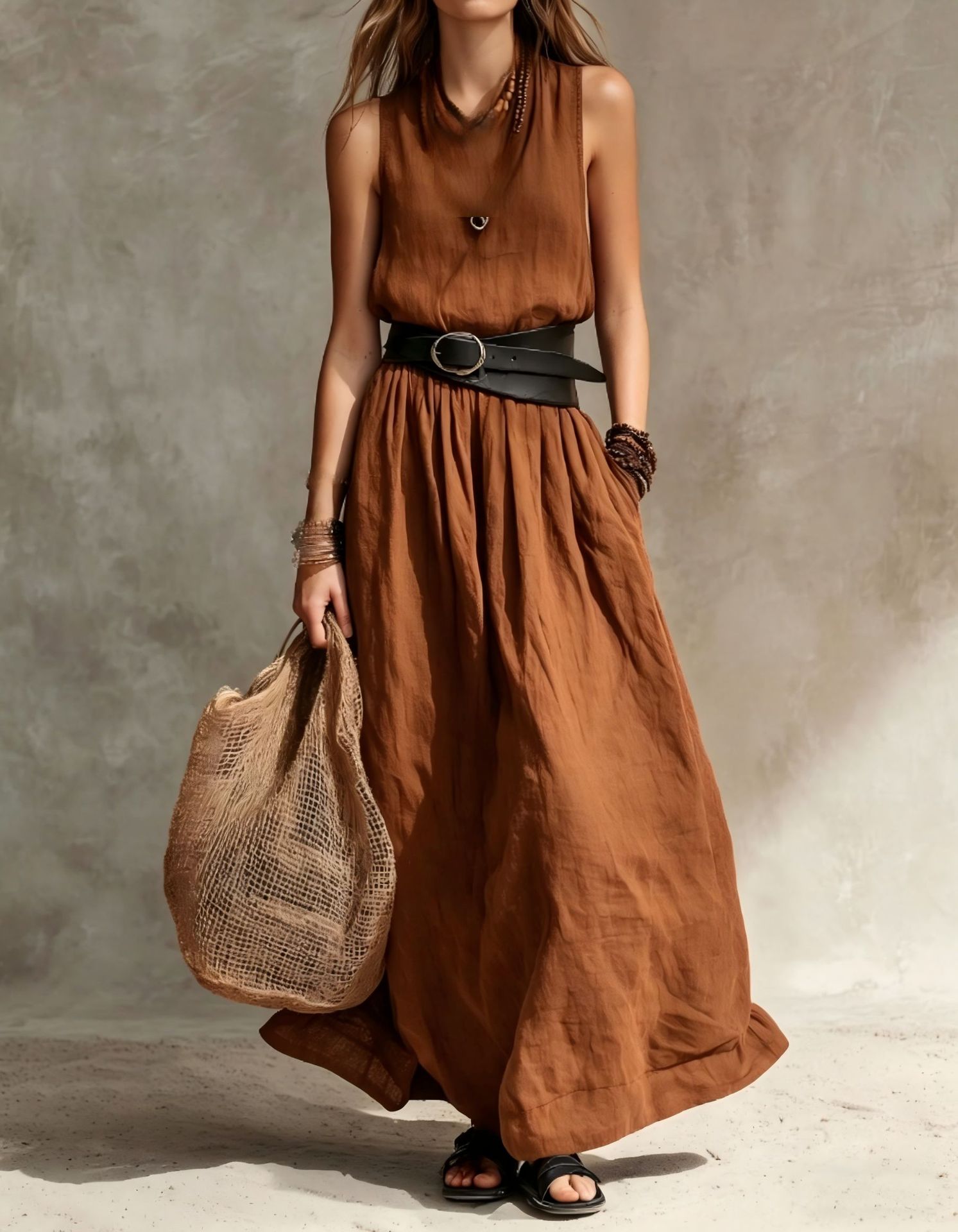 Women's Turn-Down Collar Linen Midi Dress – Light Brown colorway lifestyle shot