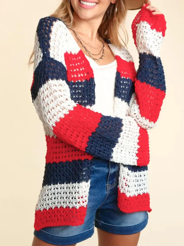 Long sleeved Knitted Hollow out Contrast color Sweater Jacket Mixed Color - Shop at LoveMi