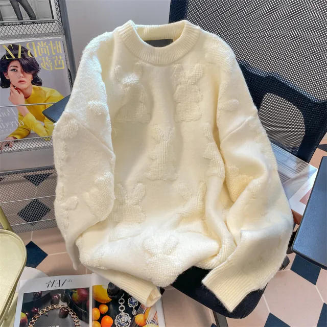 Women's Round Neck Pullover Long Sleeve Sweater White - Shop at LoveMi