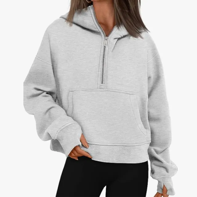 Autumn And Winter Zipper Long Sleeve Loose Hooded Sweater Melange Gray - Shop at LoveMi