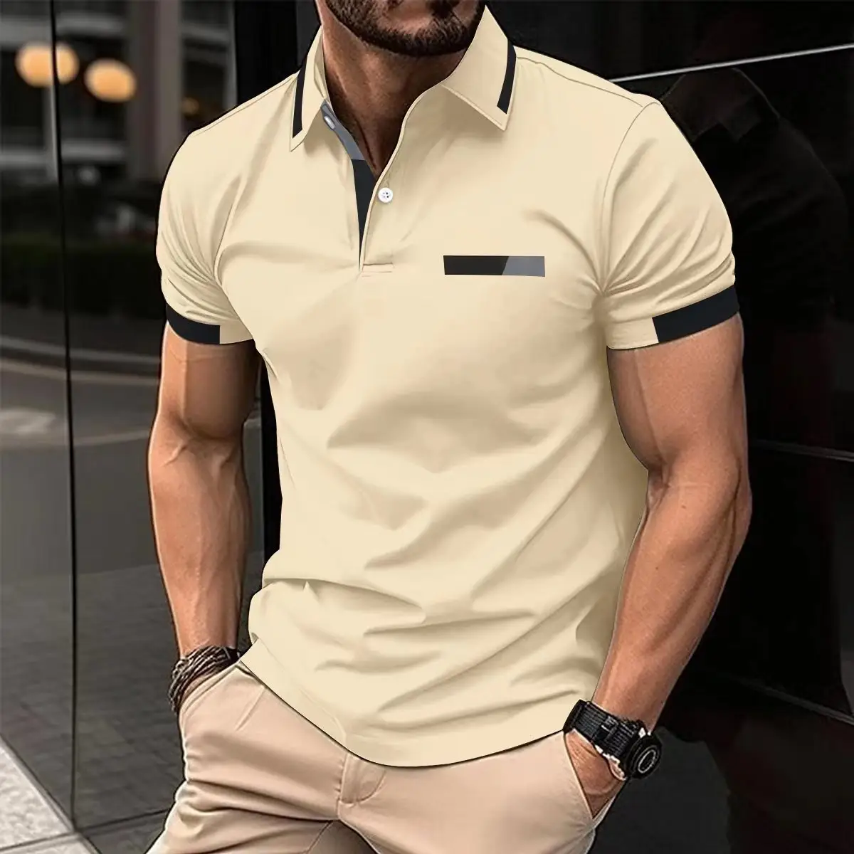 Men's Casual Polo Shirt Chest Faux Pocket
