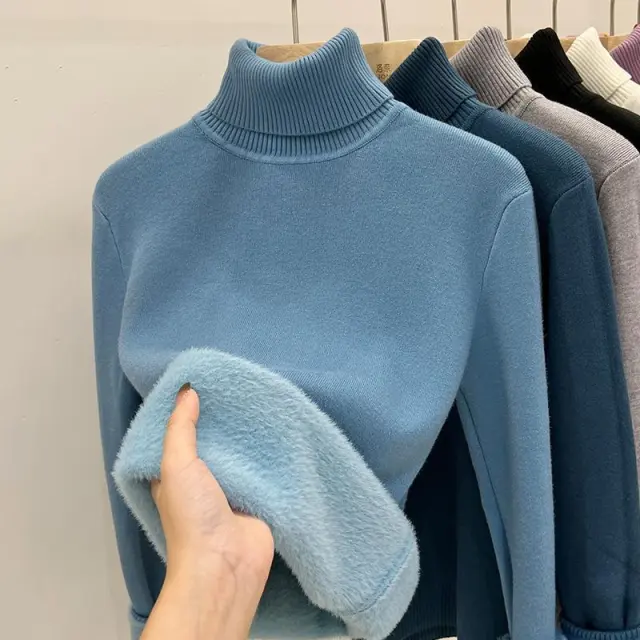 Women's Warm Thickened Inner Wear Long sleeved Knitted Top Fog Blue - Shop at LoveMi