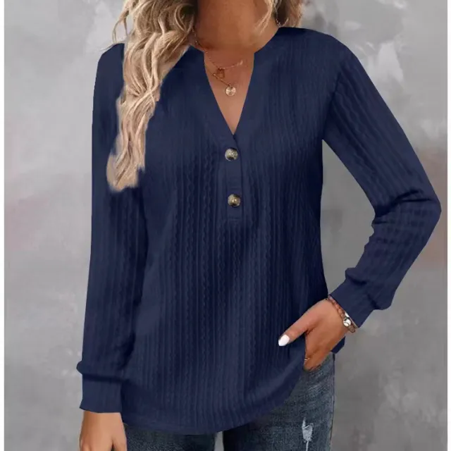 Women's Solid color Long sleeve V neck Button T shirt Top Blue - Shop at LoveMi