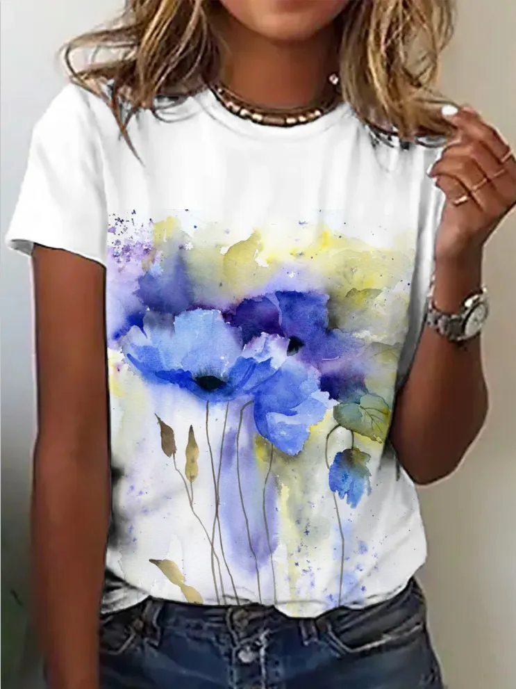 European And American Leisure Digital Printing Short Sleeve Large Size Top T-shirt - 8 Style-L