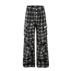American Retro Cargo Pocket Plaid Casual Trousers - Grey - View 1