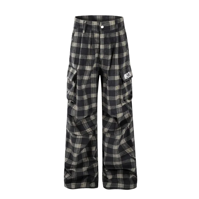 American Retro Cargo Pocket Plaid Casual Trousers Gray - Shop at LoveMi