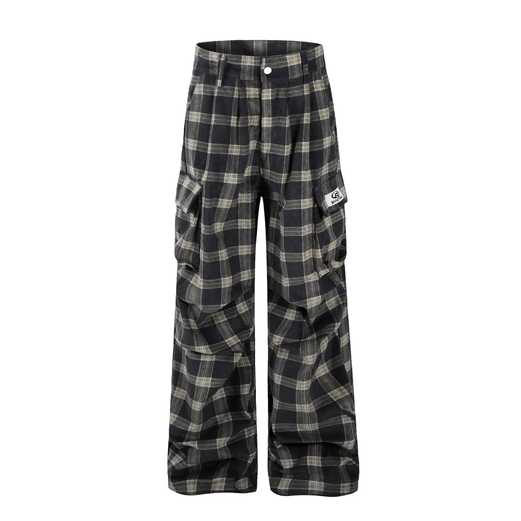 American Retro Cargo Pocket Plaid Casual Trousers - Gray