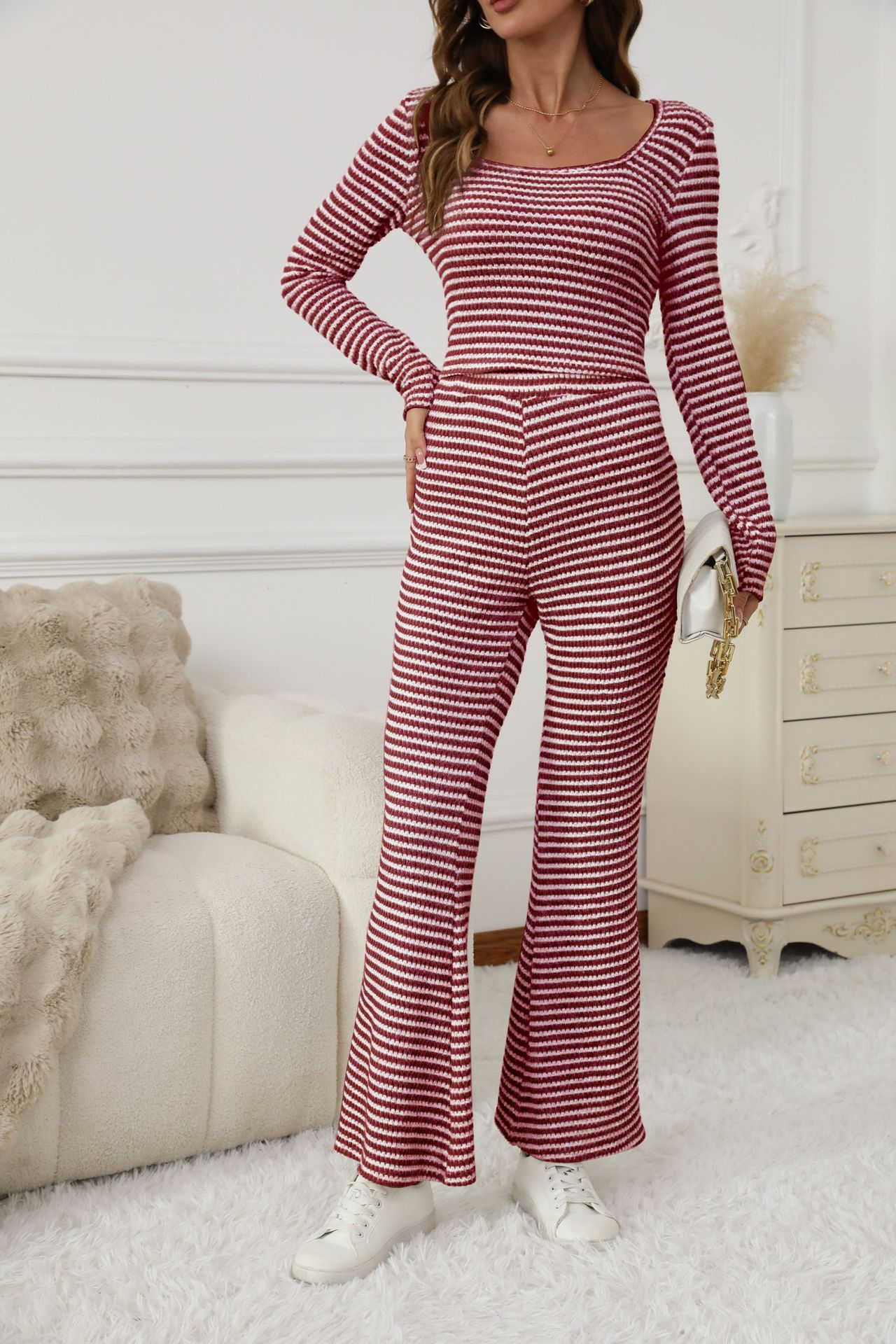 Simple Relaxed-fit Striped Wide-leg Pants Set