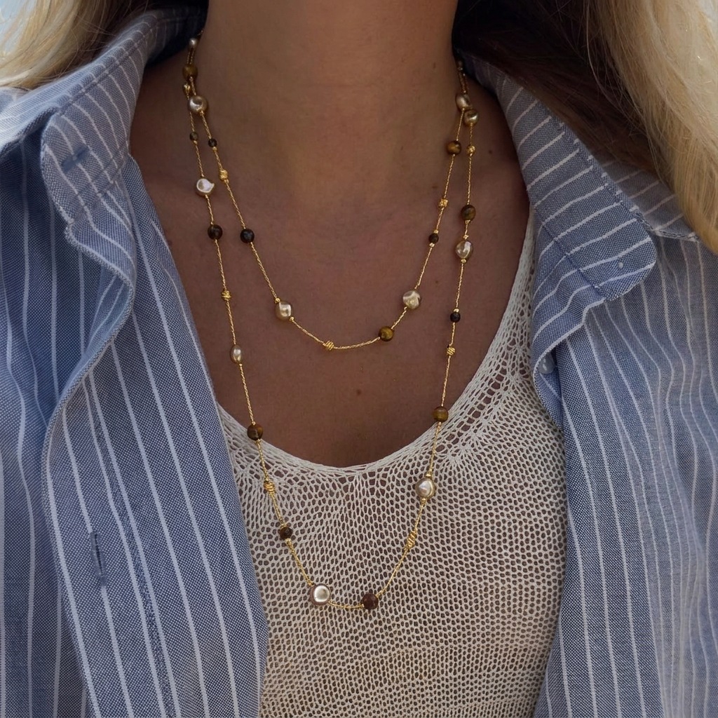 Maillard Amber Tiger's Eye And Pearl Layered Necklace