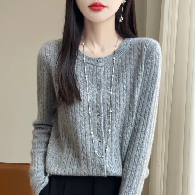 Women's Round Neck Wool Cardigan Twisted Wool Sweater Gray - Shop at LoveMi
