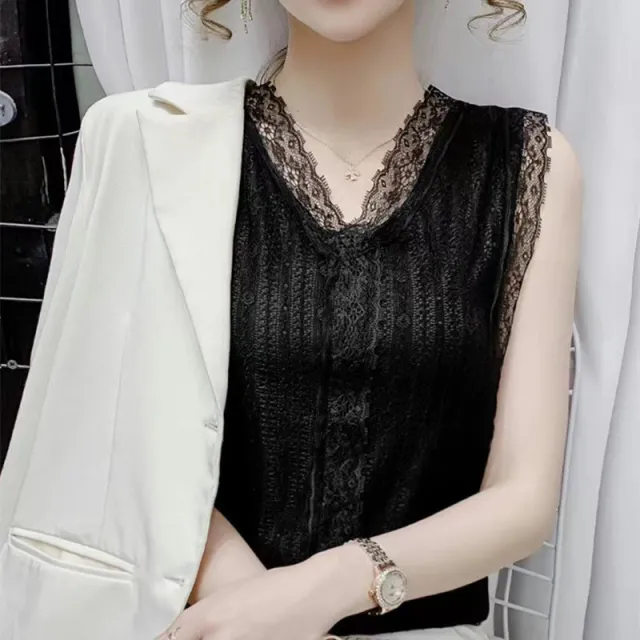 V neck Lace Sleeveless Outerwear Suit Inner Vest Black - Shop at LoveMi