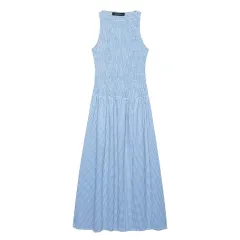 Spring New Plaid Sleeveless Slim Fit Midi Skirt Dress - Blue - View 1