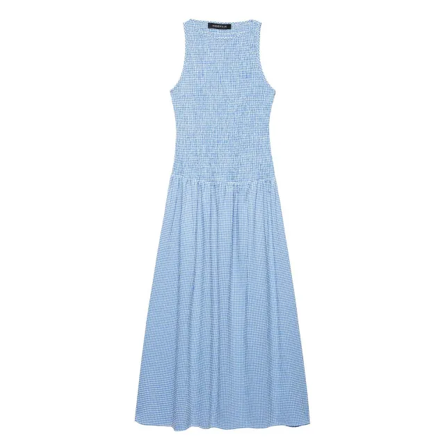 Spring New Plaid Sleeveless Slim Fit Midi Skirt Dress Blue - Shop at LoveMi