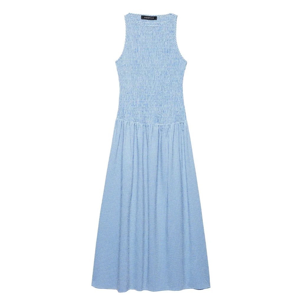 Spring New Plaid Sleeveless Slim Fit Midi Skirt Dress - Blue