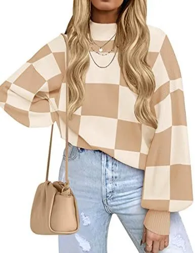 Women's Fashion High Collar Long Sleeve Striped Rib Sweater Khaki Plaid - Shop at LoveMi
