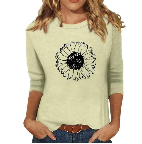 New Women's Clothing Round Neck 34 Sleeves Loose Print T shirt 0069 Style - Shop at LoveMi