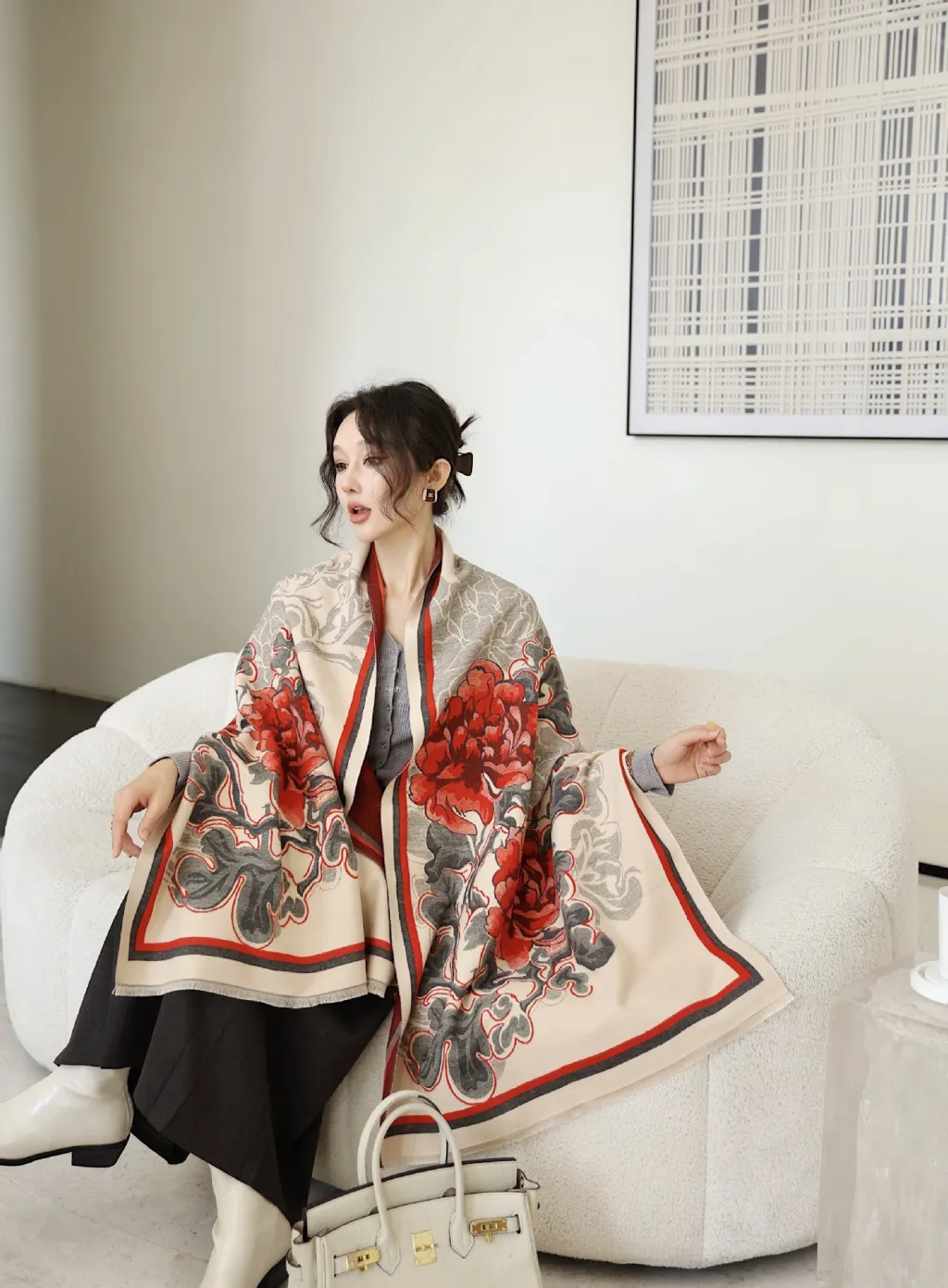Autumn And Winter High Sense Office Shawl Dual-use Korean Style - National Peony Redmi