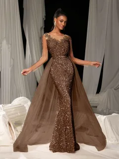 Women's Dance Lace Party Evening Dress - Dark Brown - View 1