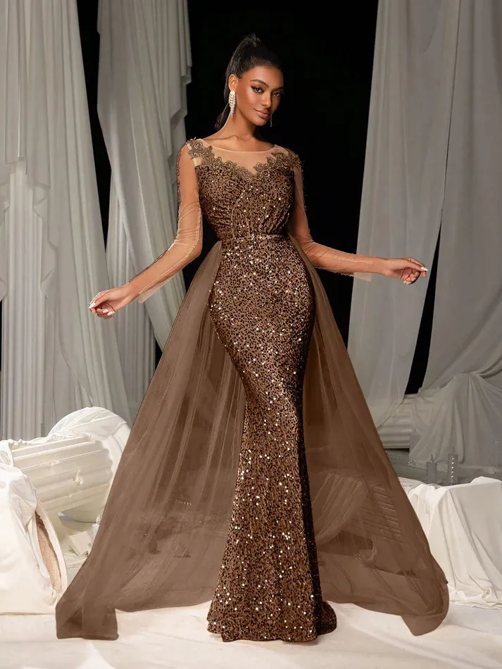 Women's Dance Lace Party Evening Dress - Dark Brown