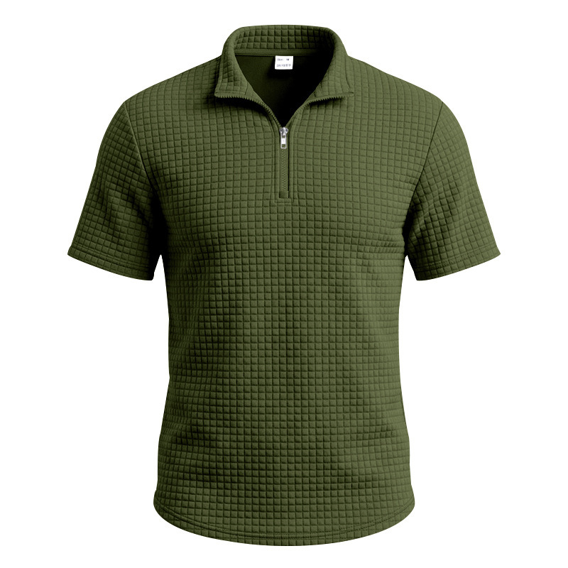 Mens Jacquard Plaid Relaxed-fit Stand-collar Short-sleeve Polo Shirt