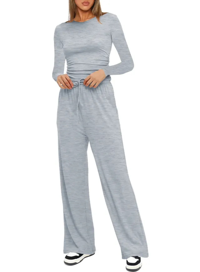 Long Sleeve Top High Waist Wide Leg Pants Suit Light Gray - Shop at LoveMi