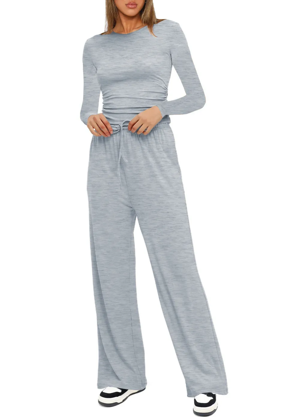 Long Sleeve Top High Waist Wide Leg Pants Suit - Light Grey