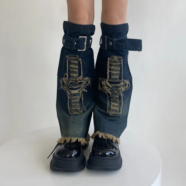 Design Denim Washed Horn Leg Warmer Foot Sock Slimming Blue Big Cross Style - Shop at LoveMi