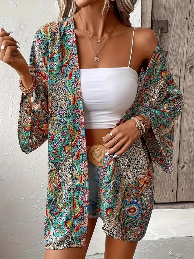 Ethnic Print Round Neck Shirt Bohemian Holiday Long Sleeve Shirt 1 Color Xl - Shop at LoveMi