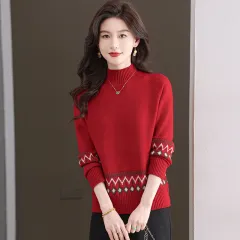 New Loose Slimming Inner Fashion Jacquard Knitted Bottoming Shirt Top - Red - View 1