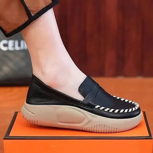 Slip on Casual Leather Shoes Platform Round Toe Black - Shop at LoveMi