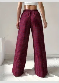 Women's Loose-fit Plaid Lace-up Casual Trousers - Dark Red - View 1