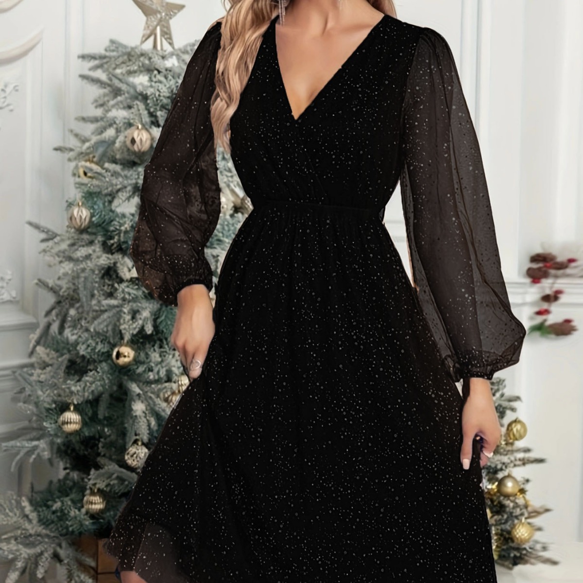 Womens Figure-Hugging Solid-Color Patchwork Mesh Sheer Powder-Dusted Dress