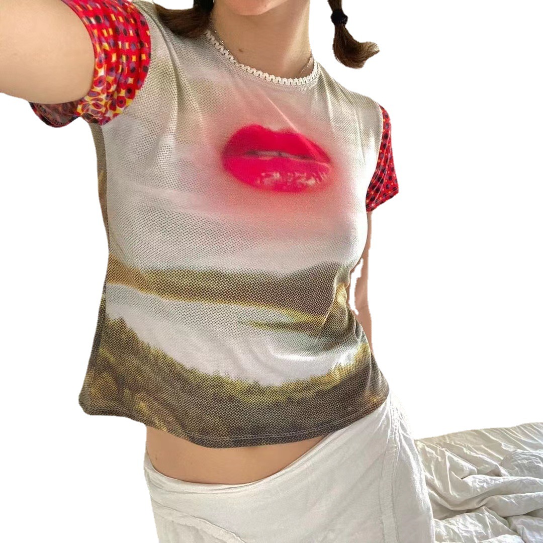 Summer New Harajuku Retro Mouth Printed Short-sleeved T-shirt For Women